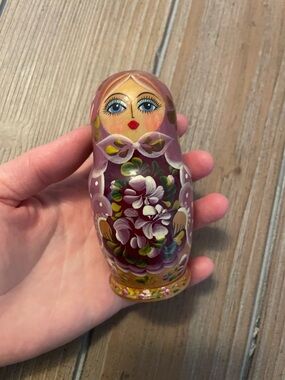 Hand-Painted Russian Matryoshka Doll in Plum and Pink